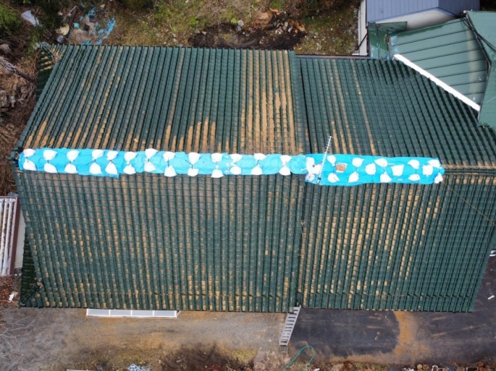 地震で瓦屋根の棟部分が落下した家屋